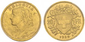 SWITZERLAND. 
 Confederation, 1848-. 20 Francs 1908 B, Bern. HMZ 2-1195m. AU. 6.44 g.
 PCGS MS 66