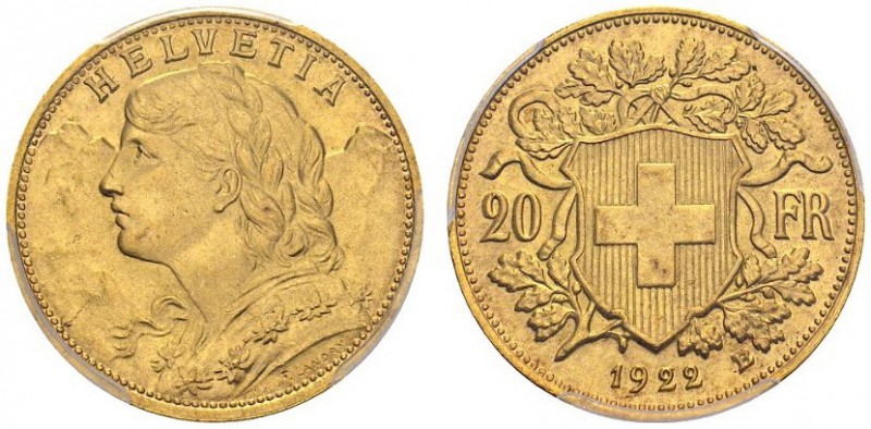 SWITZERLAND. 
 Confederation, 1848-. 20 Francs 1922 B, Bern. HMZ 2-1195v. AU. 6...