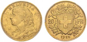 SWITZERLAND. 
 Confederation, 1848-. 20 Francs 1922 B, Bern. HMZ 2-1195v. AU. 6.44 g.
 PCGS MS 66