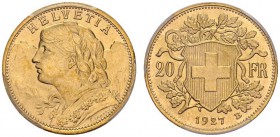 SWITZERLAND. 
 Confederation, 1848-. 20 Francs 1927 B, Bern. HMZ 2-1195y. AU. 6.44 g.
 PCGS MS 66+