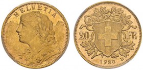SWITZERLAND. 
 Confederation, 1848-. 20 Francs 1930 B, Bern. HMZ 2-1195z. AU. 6.44 g.
 PCGS MS 66