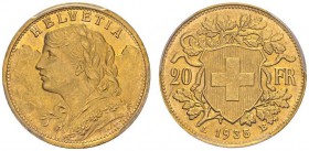 SWITZERLAND. 
 Confederation, 1848-. 20 Francs 1935 L B, Bern. HMZ 2-1195bb. AU. 6.44 g.
 PCGS MS 66