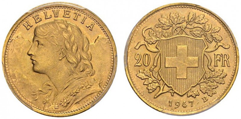 SWITZERLAND. 
 Confederation, 1848-. 20 Francs 1947 B, Bern. HMZ 2-1195cc. AU. ...