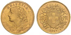 SWITZERLAND. 
 Confederation, 1848-. 20 Francs 1947 B, Bern. HMZ 2-1195cc. AU. 6.44 g.
 PCGS MS 66