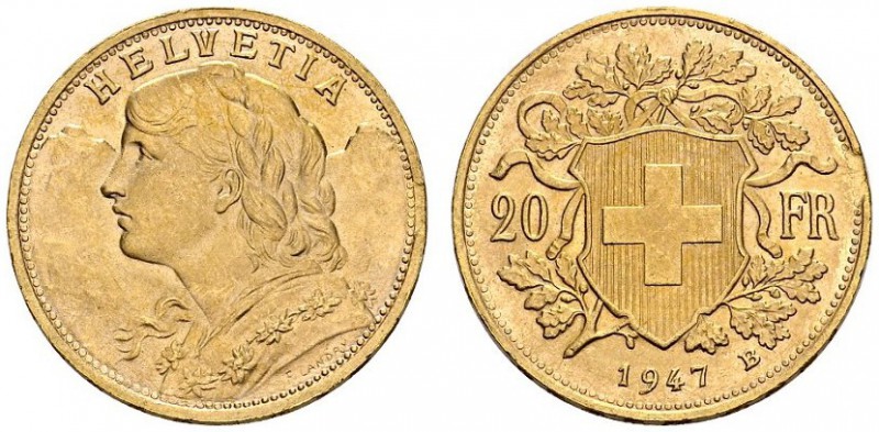 SWITZERLAND. 
 Confederation, 1848-. 20 Francs 1947 B, Bern. Frappe fautée déco...
