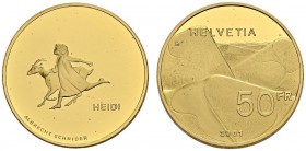 SWITZERLAND. 
 Confederation, 1848-. 50 Francs 2001. Heidi. HMZ 2-1219d. AU. 11.29 g. 3967 ex.
 PROOF
 In original case.