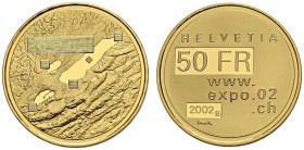 SWITZERLAND. 
 Confederation, 1848-. 50 Francs 2002. Expo.02. HMZ 2-1219e. AU. 11.29 g. 4856 ex.
 PROOF
 In original case.
