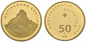 SWITZERLAND. 
 Confederation, 1848-. 50 Francs 2004. Matterhorn Cervin. HMZ 2-1219g. AU. 11.29 g. 7000 ex.
 PROOF
 In original case.
