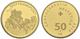 SWITZERLAND. 
 Confederation, 1848-. 50 Francs 2013. Gotthardpost. HMZ 2-1219q. AU. 11.29 g. 6000 ex.
 PROOF
 In original case with certificate.