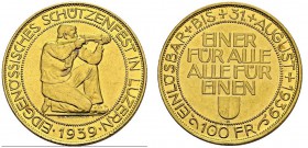 SWITZERLAND. 
 Confederation, 1848-. 100 Francs 1939 B, Bern. Shooting festival in Lucern. HMZ 2-1344b. AU. 17.47 g. 6000 ex.
 Nice UNC
