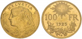 SWITZERLAND. 
 Confederation, 1848-. 100 Francs 1925 B, Bern. HMZ 2-1193a. AU. 32.26 g. 5000 ex.
 PCGS MS 64+