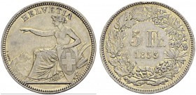 SWITZERLAND. 
 Confederation, 1848-. 5 Francs 1855. Solothurn. HMZ 2-1343a. AR. 24.89 g.
 XF cleaned