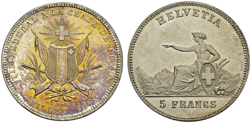 SWITZERLAND. 
 Confederation, 1848-. 5 Francs 1863. Tir fédéral à la Chaux-de-F...