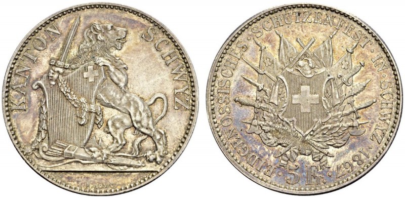 SWITZERLAND. 
 Confederation, 1848-. 5 Francs 1867. Schützenfest in Schwyz. HMZ...