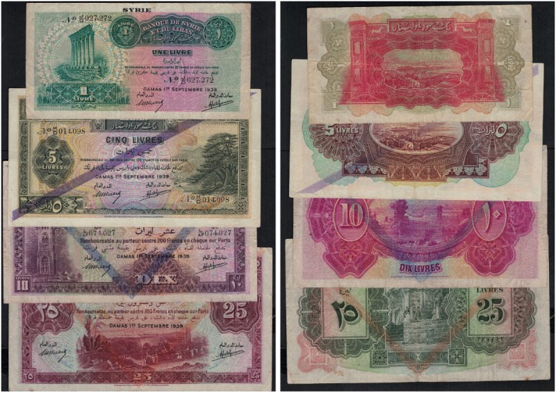 SYRIA. 
 Banque de Syrie et du Liban. Lot of 4 banknotes : 1 Livre without over...
