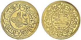 TURKEY. 
 Mahmud II, 1808-1839. Rumi Altin AH 1223 Year 15 (1821). Constantinople. KM 616. AU. 2.42 g.
 Nice UNC