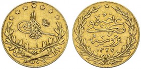TURKEY. 
 Muhammad V, 1909-1914. 100 Kurush AH 1327 Year 1 (1909). Bursa, Mint visit issue. KM 789; Fr. 61. AU. 7.16 g.
 VF