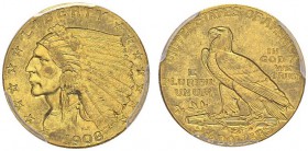 USA. 
 2 1/2 Dollars 1908, Philadelphia. Liberty head. KM 72; Fr. 114. AU. 4.18 g.
 PCGS MS 62