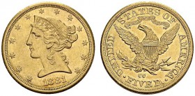 USA. 
 5 Dollars 1881 CC, Carson City. KM 101; Fr. 146. AU. 8.34 g. 13'886 ex.
 AU
 It is by far the rarest Carson City Half Eagle after 1878. Only...