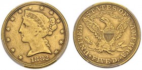 USA. 
 5 Dollars 1882. Liberty head. Mint error: Struck trough oil. KM 101; Fr. 143. AU. 8.36 g.
 PCGS Genuine XF details Tooled