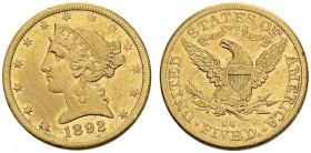 USA. 
 5 Dollars 1892 CC, Carson City. KM 101; Fr. 146. AU. 8,33.
 AU damage