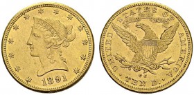 USA. 
 10 Dollars 1891 CC, Carson City. KM 102; Fr. 161. AU. 16.72 g. 103'732 ex.
 UNC light cleaning