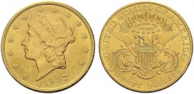 USA. 
 20 Dollars 1907, Philadelphia. Liberty head. KM 74.3; Fr. 177. AU. 33.44 g.
 Nice UNC