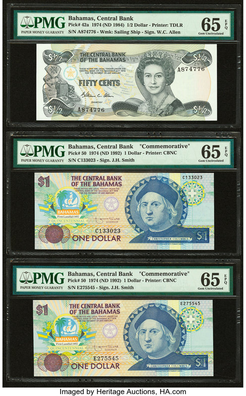 Bahamas Central Bank Lot Of Six PMG Graded Examples. 1/2 Dollar 1974 (ND 1984) P...