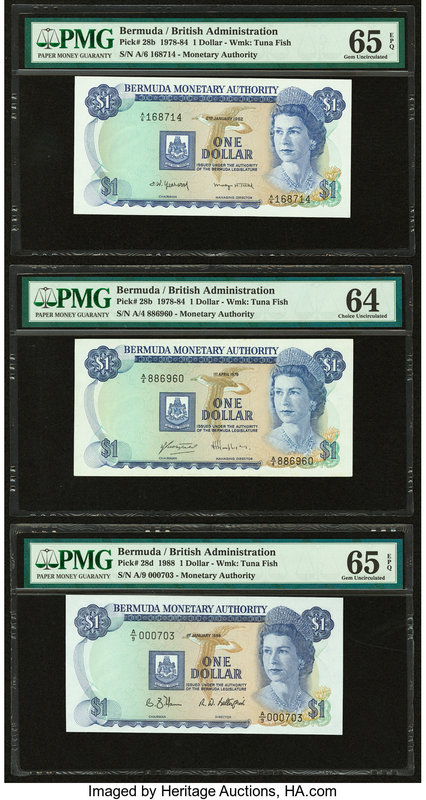 Bermuda Monetary Authority Lot Of Five PMG Graded Examples. 1 Dollar 2.1.1982; 1...