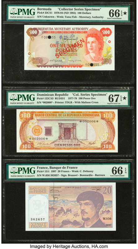 Lot Of Three PMG Graded Examples From Bermuda, Dominican Republic and France. Be...