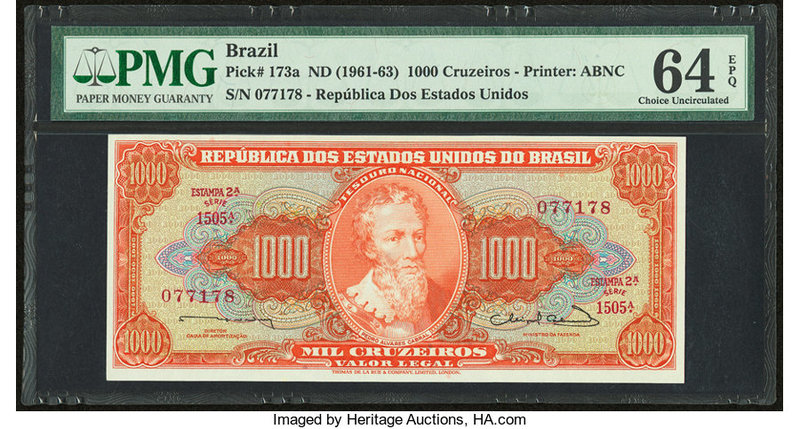 Brazil Republica dos Estados Unidos 1000 Cruzeiros ND (1961-63) Pick 173a PMG Ch...