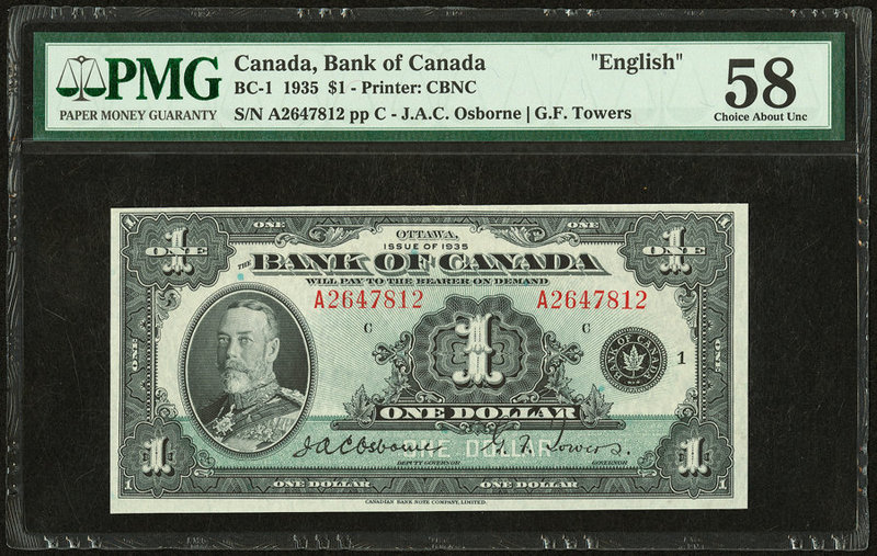 Canada Bank of Canada $1 1935 BC-1 "English" PMG Choice About Unc 58. 

HID09801...