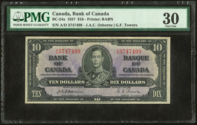 Canada Bank of Canada $10 2.1.1937 BC-24a PMG Very Fine 30. A scarce, first issu...