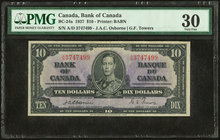Canada Bank of Canada $10 2.1.1937 BC-24a PMG Very Fine 30. A scarce, first issue note, featuring the signature combination of Osborne-Towers. A minor...
