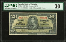 Canada Bank of Canada $20 2.1.1937 BC-25a PMG Very Fine 30. This denomination is seldom seen with the signature variety of Osborne and Towers. Only 1....