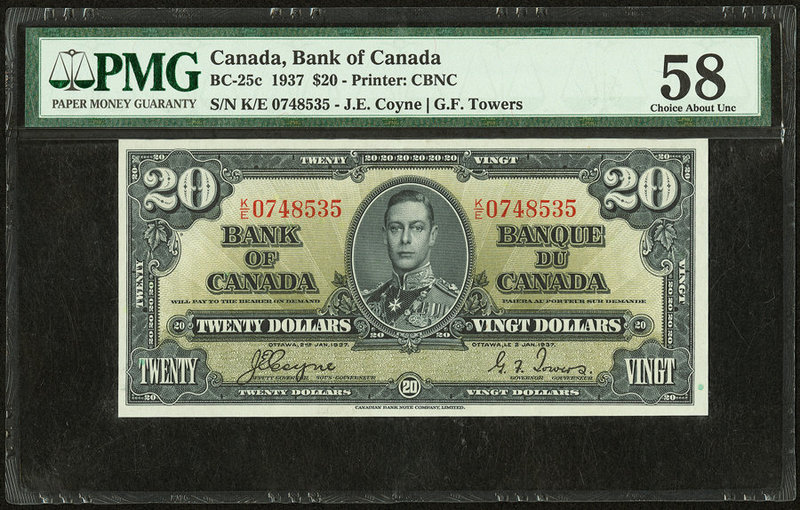 Canada Bank of Canada $20 2.1.1937 BC-25c PMG Choice About Unc 58. 

HID09801242...
