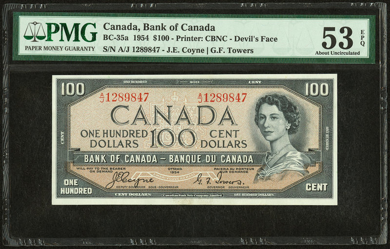 Canada Bank of Canada $100 1954 BC-35a "Devil's Face" PMG About Uncirculated 53 ...
