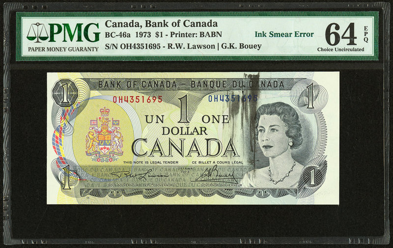 Canada Bank of Canada $1 1973 BC-46a "Ink Smear Error" PMG Choice Uncirculated 6...