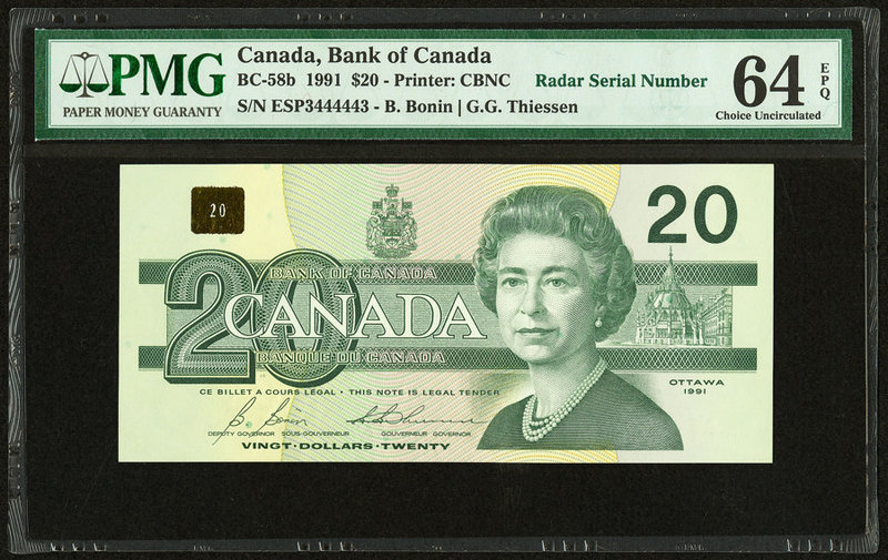 Canada Bank of Canada $20 1991 BC-58b "Radar Serial Number 3444443" PMG Choice U...
