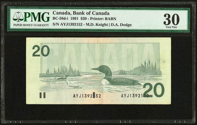 Canada Bank of Canada $20 1991 BC-58d-i "Misplaced Serial Number" PMG Very Fine ...