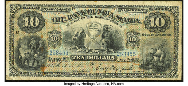Canada Halifax, NS- Bank of Nova Scotia $10 2.1.1917 Ch.# 550-18-12 Fine. Rust s...