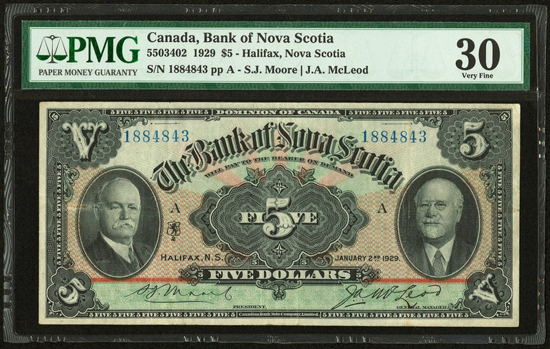 Canada Halifax, NS- Bank of Nova Scotia $5 2.1.1929 Ch.# 550-34-02 PMG Very Fine...