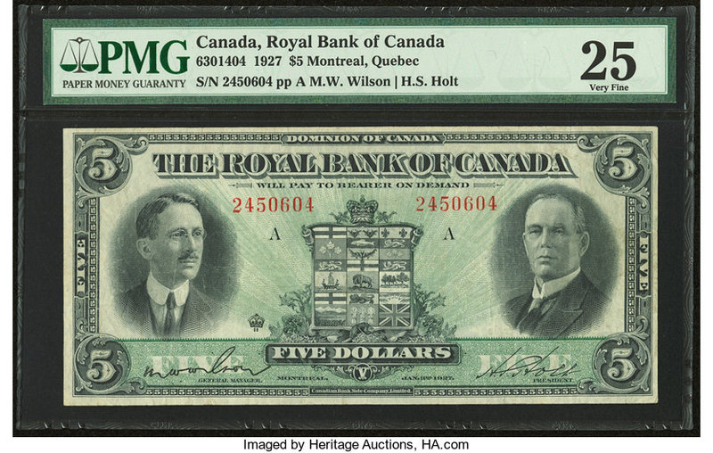 Canada Montreal, PQ- Royal Bank of Canada $5 2.1.1927 Ch#. 630-14-04 PMG Very Fi...