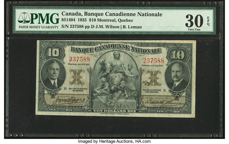 Canada Montreal, PQ- Banque Canadienne Nationale $10 2.1.1935 Ch.# 85-14-04 PMG ...