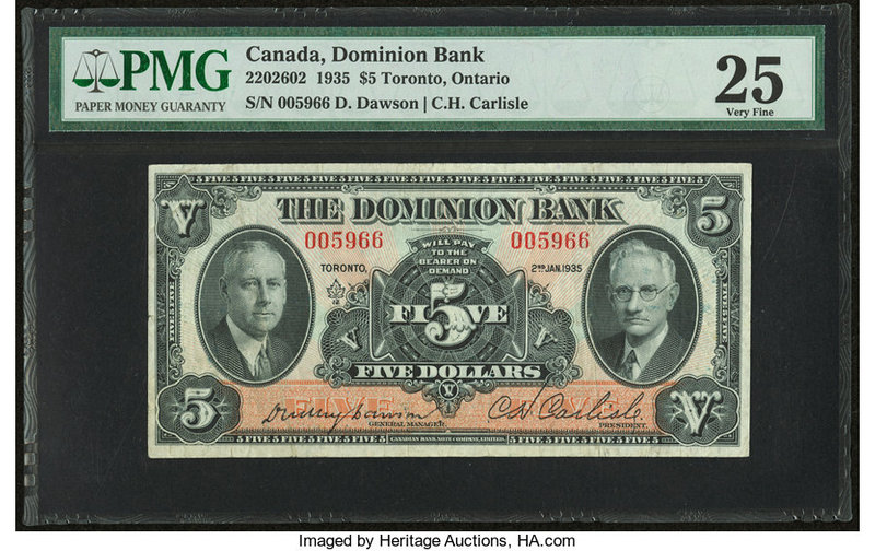 Canada Toronto, ON- Dominion Bank $5 2.1.1935 Ch.# 220-26-02 PMG Very Fine 25. 
...
