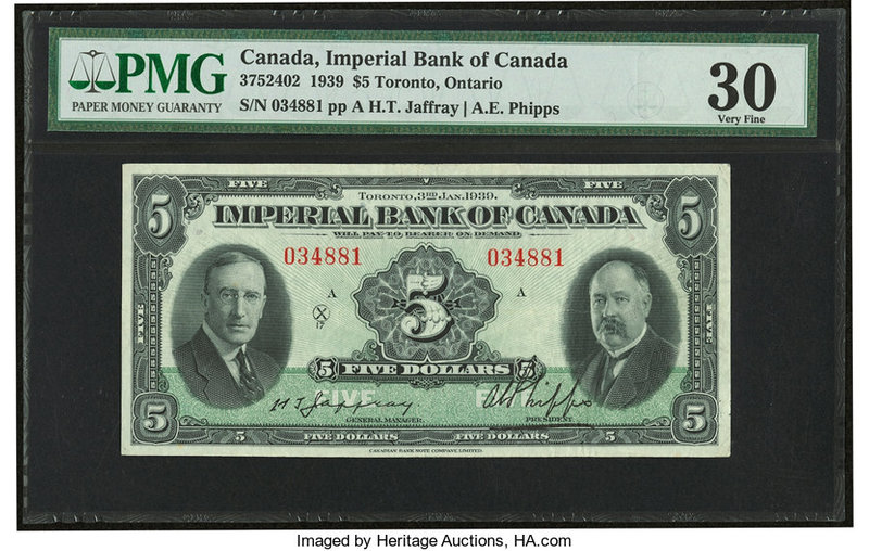 Canada Toronto, ON- Imperial Bank of Canada $5 3.1.1939 Ch.# 375-24-02 PMG Very ...