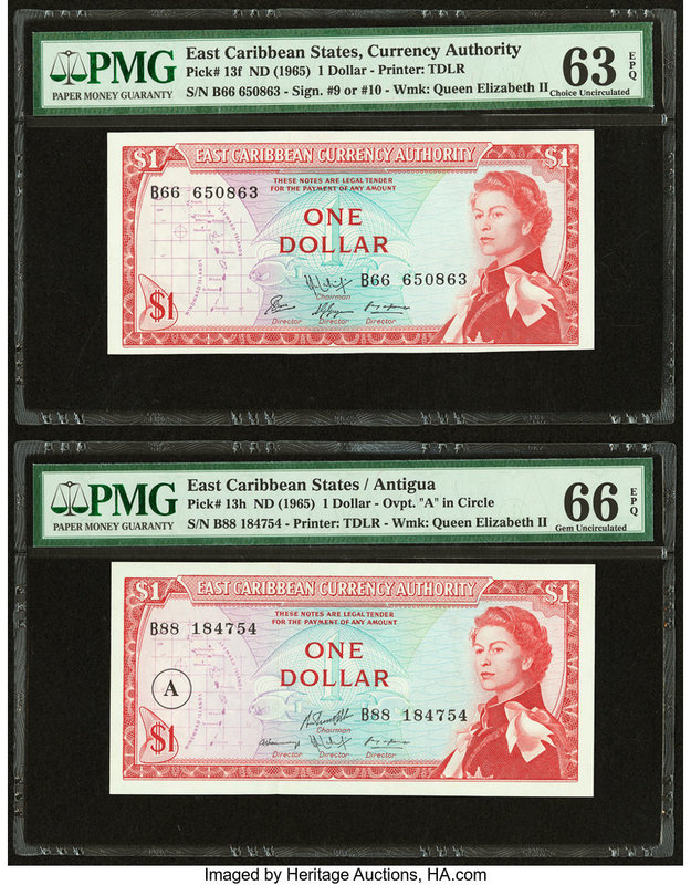 East Caribbean States Currency Authority 1 (2); 5 Dollars ND (1965) Pick 13f; 13...