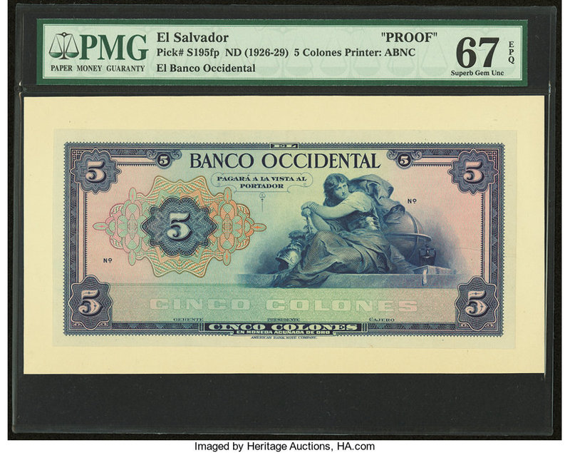 El Salvador Banco Occidental 5 Colones ND (1926-29) Pick S195fp Front Proof PMG ...