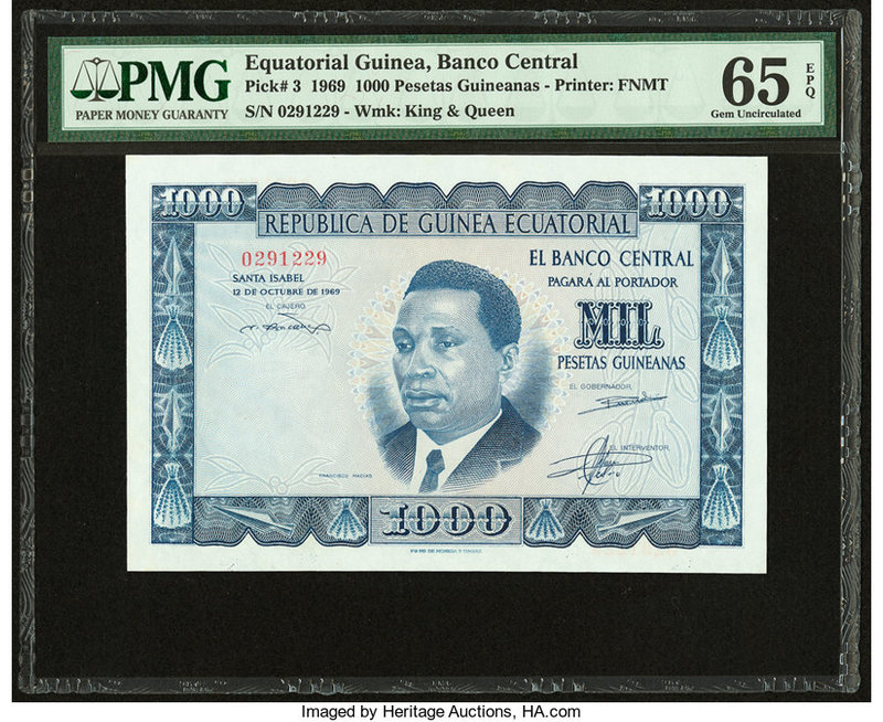 Equatorial Guinea Banco Central 1000 Pesetas Guineanas 12.10.1969 Pick 3 PMG Gem...