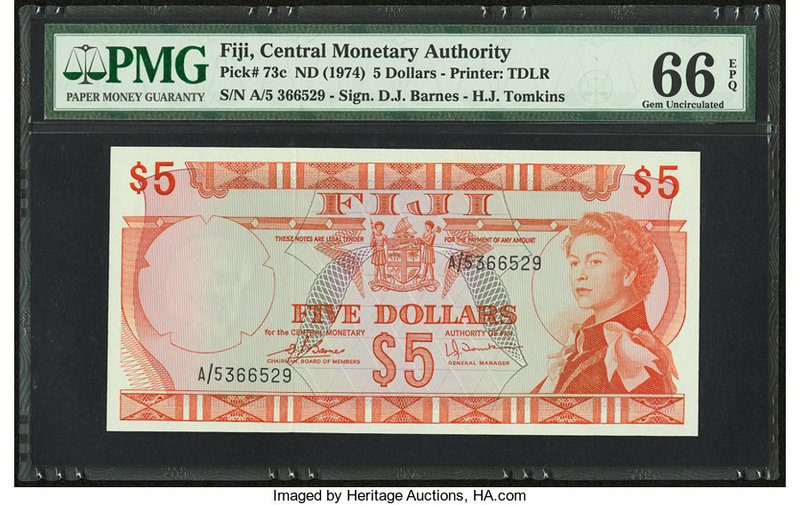 Fiji Central Monetary Authority 5 Dollars ND (1974) Pick 73c PMG Gem Uncirculate...